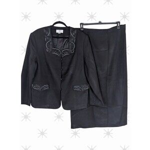 Studio C Plus 20W Women’s Black Embellished Skirt Suit Set Beaded Blazer Jacket